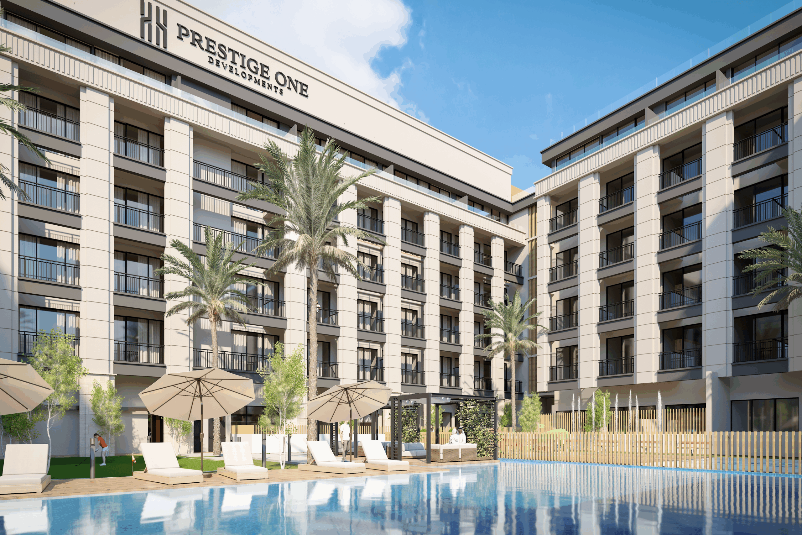 Courtyard pool met loungebedden bij Berkeley Square by Prestige One in Jumeirah Village Circle Dubai.