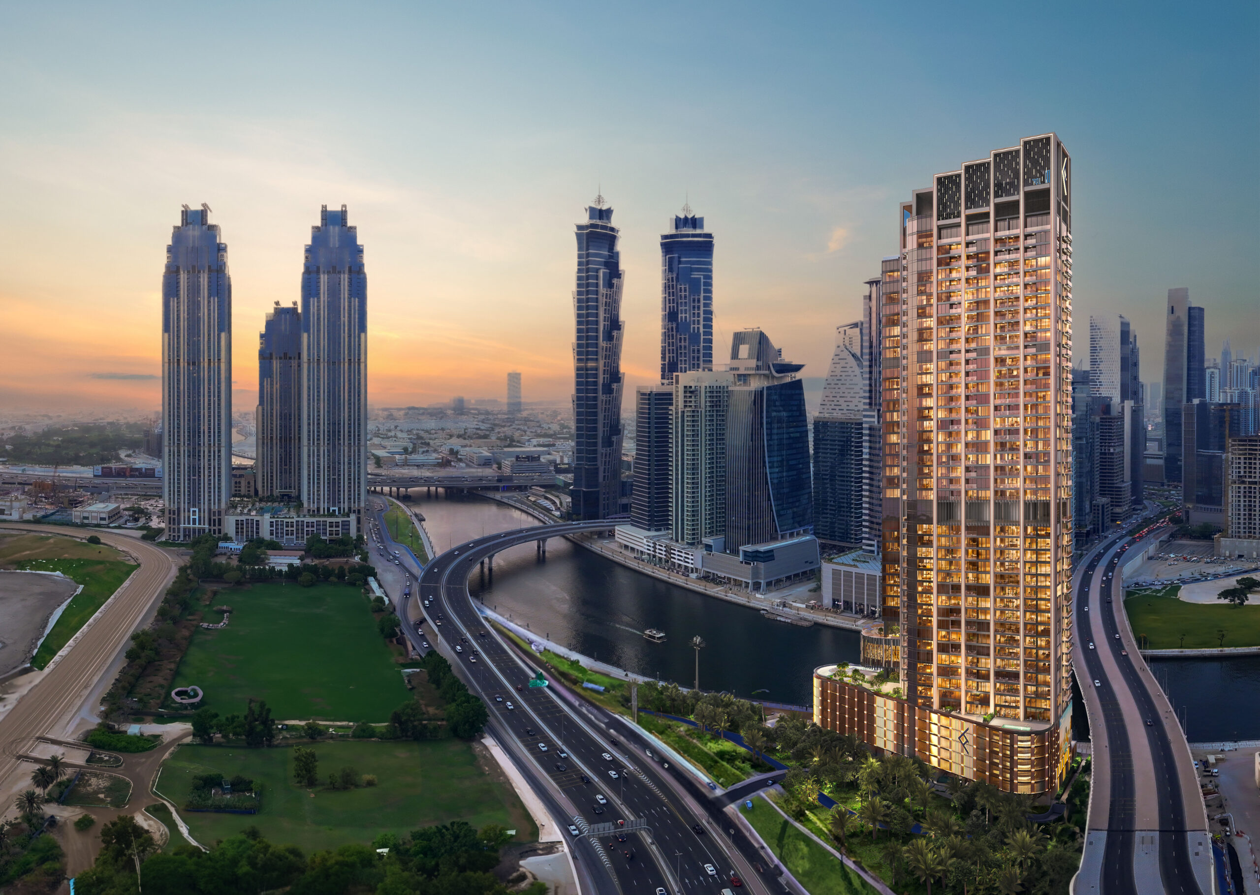 One River Point – luchtbeeld aan het Dubai Water Canal in Business Bay