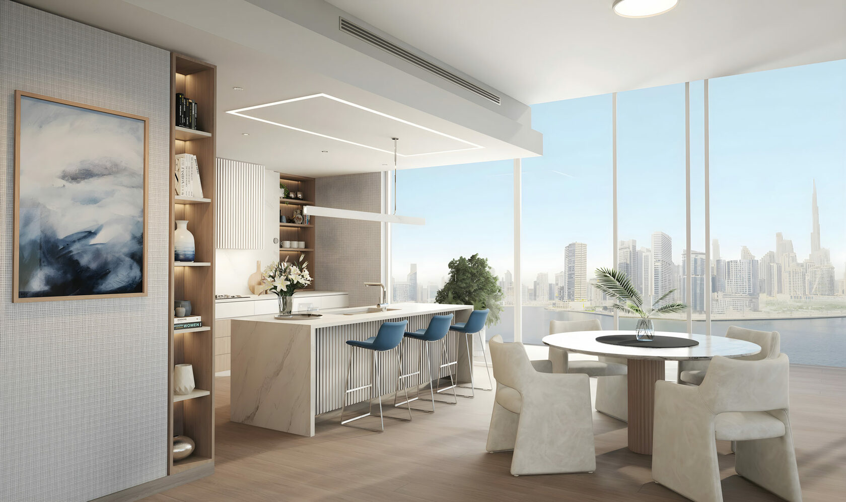 One River Point – luxe appartement interieur met keuken en Burj Khalifa uitzicht